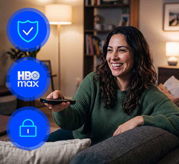 Smiling woman in green sweater pointing a TV remote, beside blue shield, HBO Max and padlock icons 