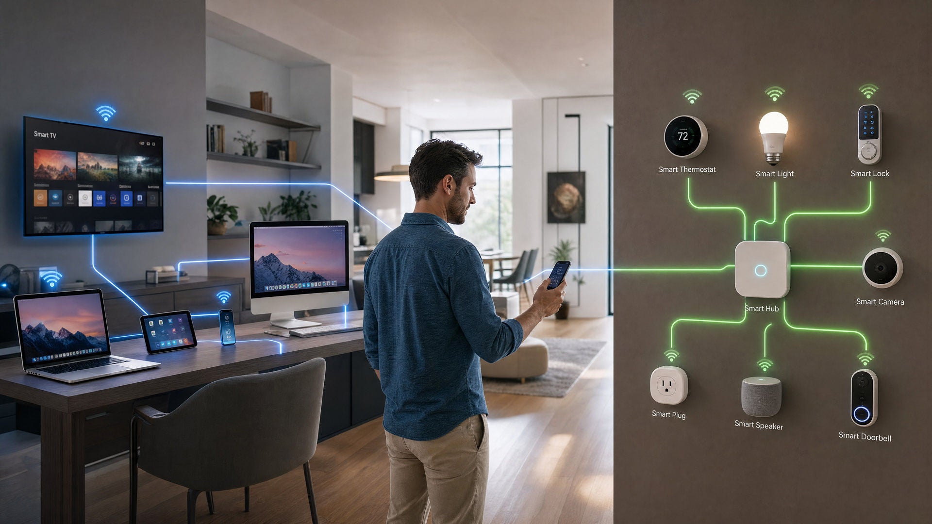 Man using a smartphone to manage connected smart home and office devices via Wi-Fi.