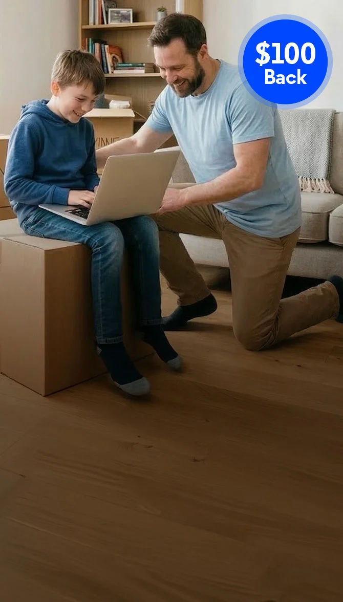Parent and child with moving boxes keeping Optimum Fiber Internet service at new home