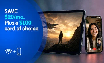 Tablet and smartphone with video call beside blue Save $10 a month plus $100 Gift Card promo with Optimum Visa card
