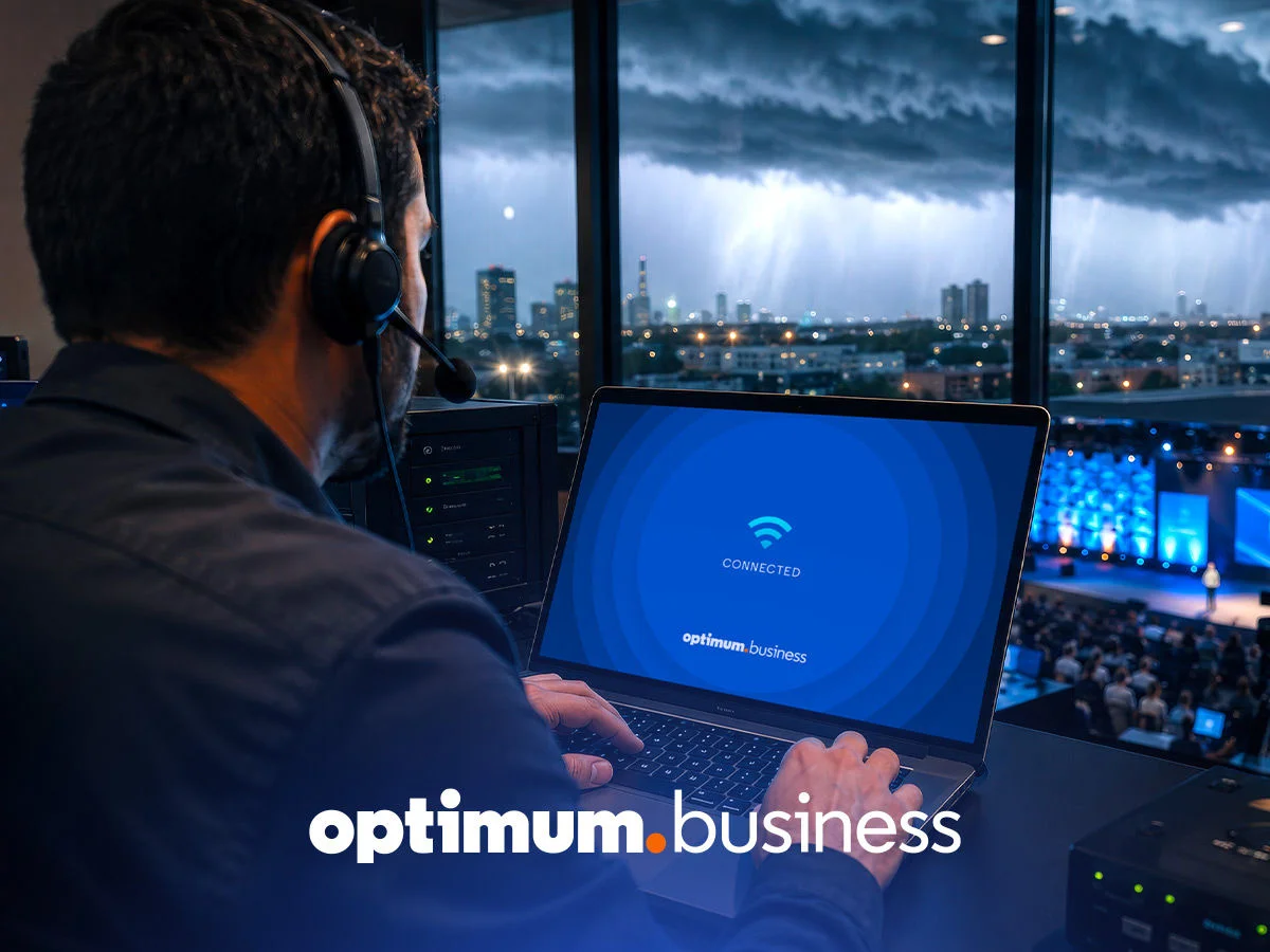 Man in a control room monitors a laptop showing 'Connected' with Optimum Business logo during a storm, symbolizing business continuity