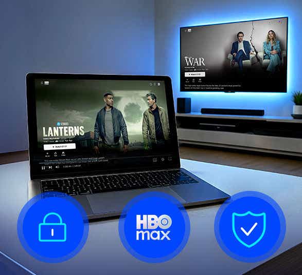 Laptop showing Lanterns on HBO Max and wall TV showing War, with blue padlock, HBO Max and shield icons 