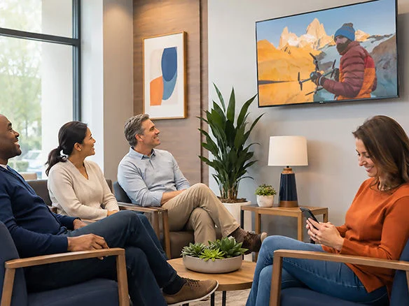 Customers relaxing in a waiting area streaming Optimum Business TV on a lobby screen 