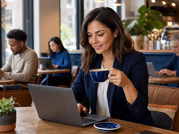 Business owner working on a laptop in a coffee shop using Optimum Business WiFi solutions 