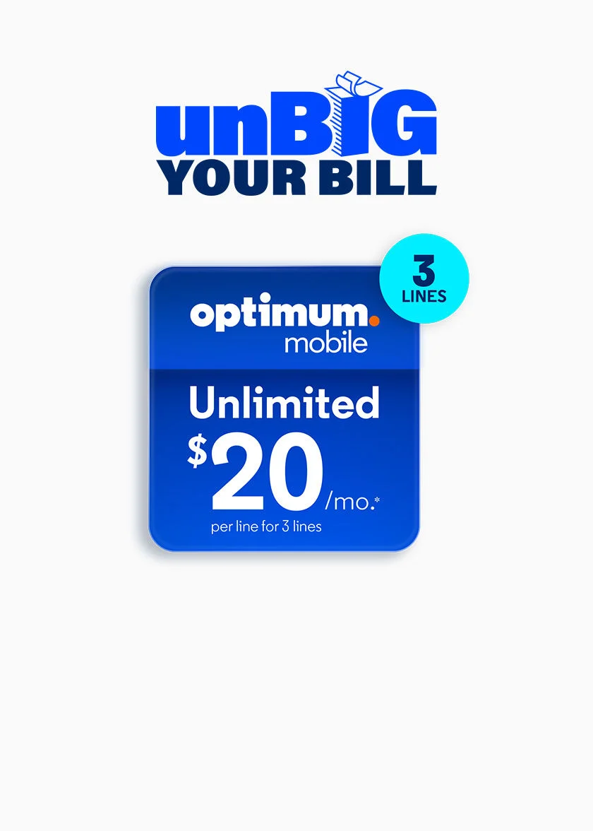 Gráfico promocional de REDUZCA SU FACTURA en texto azul oscuro con un ícono de caja de regalo color verde azulado, que muestra la tarjeta del plan Optimum Mobile con la leyenda "Ilimitado $20/mes" y una insignia de "3 LÍNEAS" en color verde azulado.