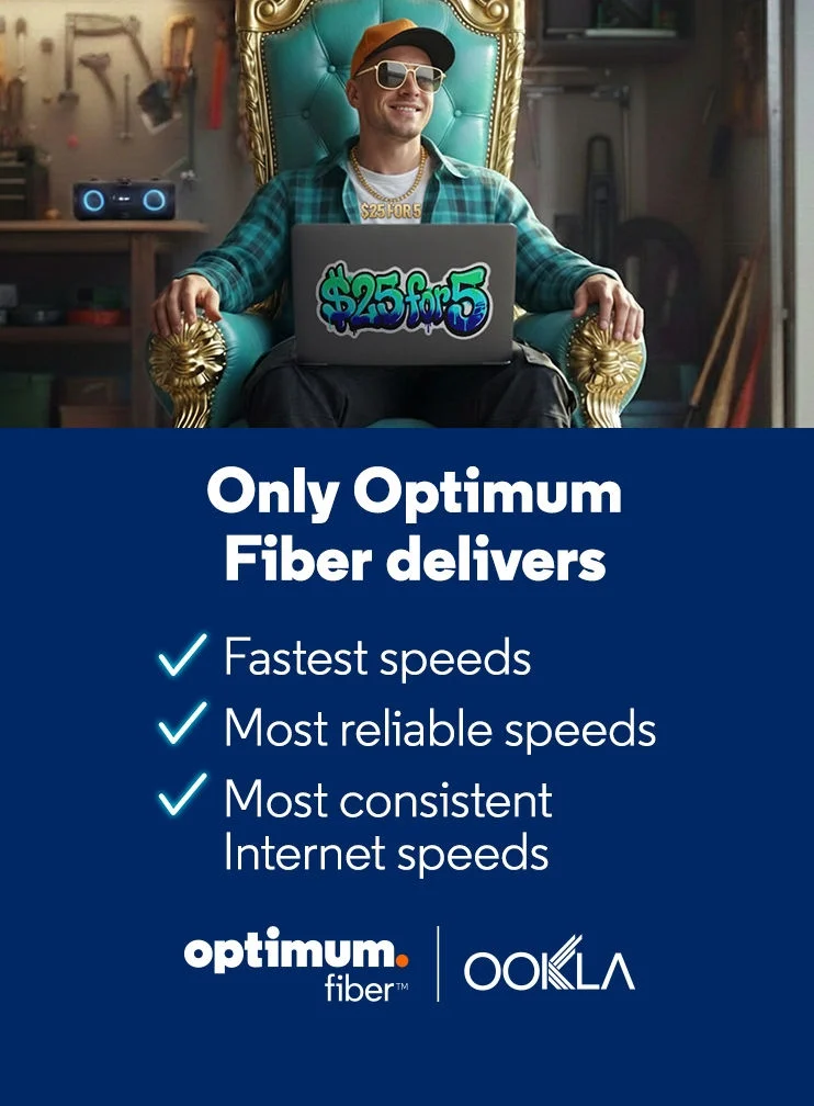 A young woman having a cup of coffee while on her laptop listening to either music or streaming a movie with her headphones on while surfing the Internet using Optimum Fiber Internet.