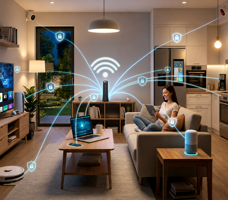 Evening living room with woman on sofa using a tablet, glowing Wi-Fi arcs and padlock icons linking connected devices 