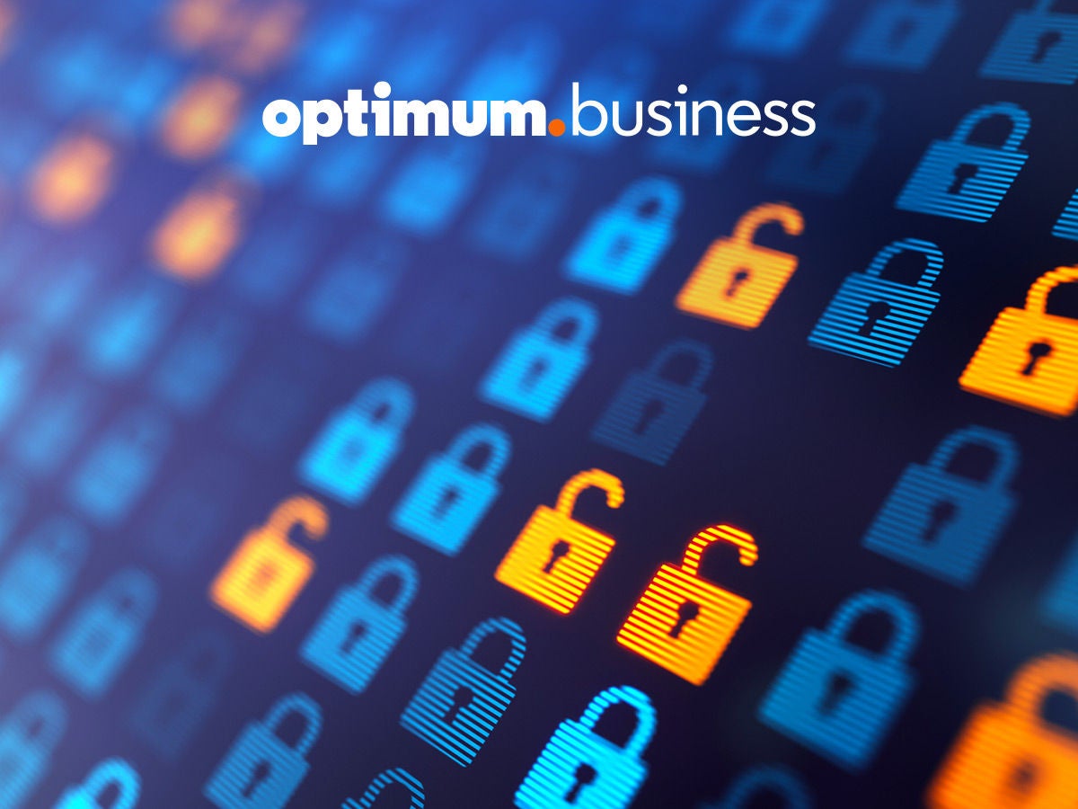 Optimum Business logo above rows of closed and open digital padlock icons on a binary code background, representing cybersecurity