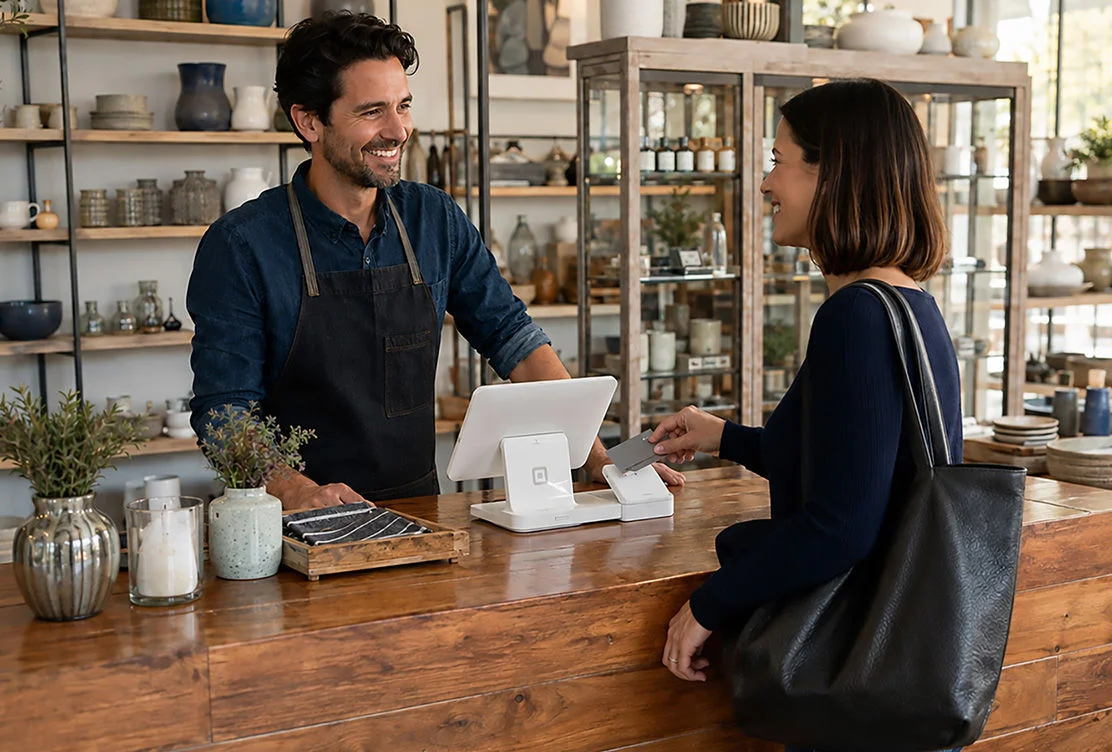 Business owner talking with a customer at the counter, backed by Optimum's business connection backup internet 
