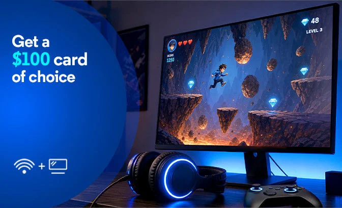 Gaming monitor with platformer game, headphones and controller beside blue Get a $100 Gift Card promo with Visa card