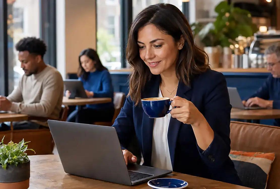 Business owner working on a laptop in a coffee shop using Optimum Business WiFi solutions