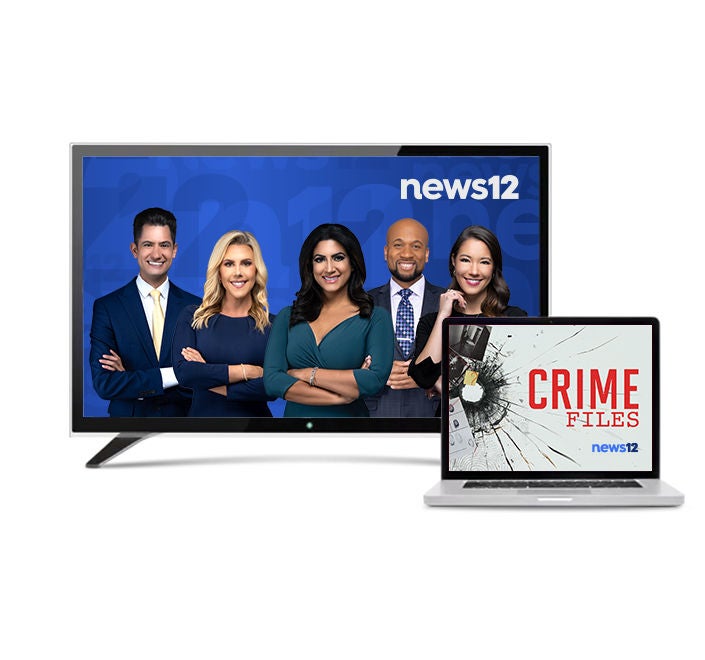Image featuring the News 12 team displayed on a large screen, alongside a laptop showing the 'Crime Files' program, both part of a local news promotion.