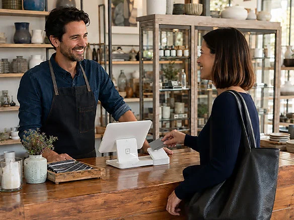 Business owner talking with a customer at the counter, backed by Optimum's business connection backup internet 