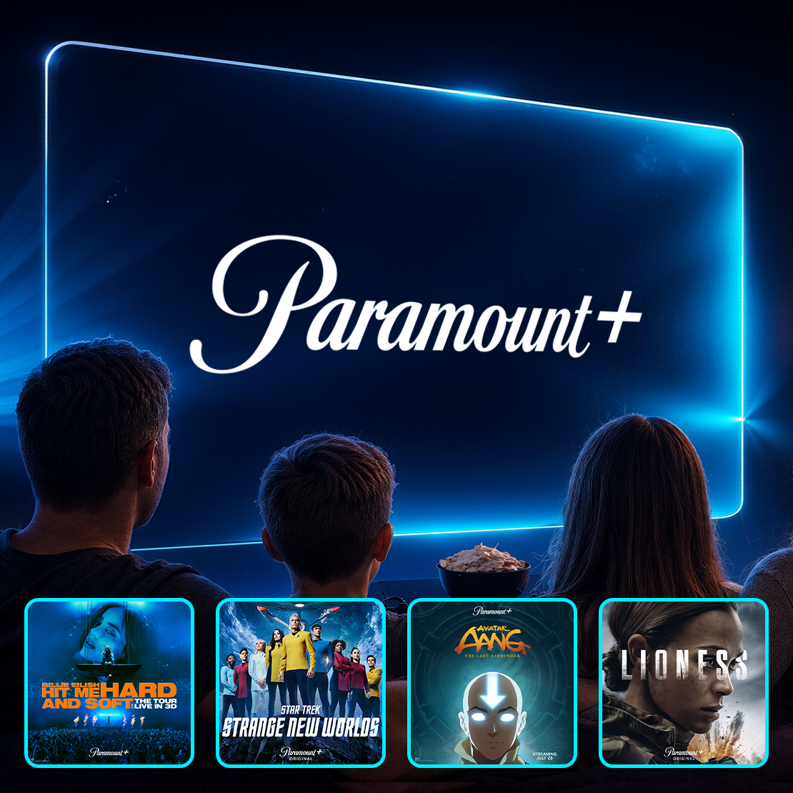Family watching Paramount+ with featured content titles including Star Trek: Strange New Worlds, Lioness, and Avatar: The Last Airbender.
