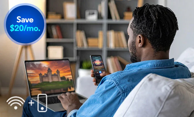 Woman using Optimum Mobile phone paired with upgraded home Fiber Internet