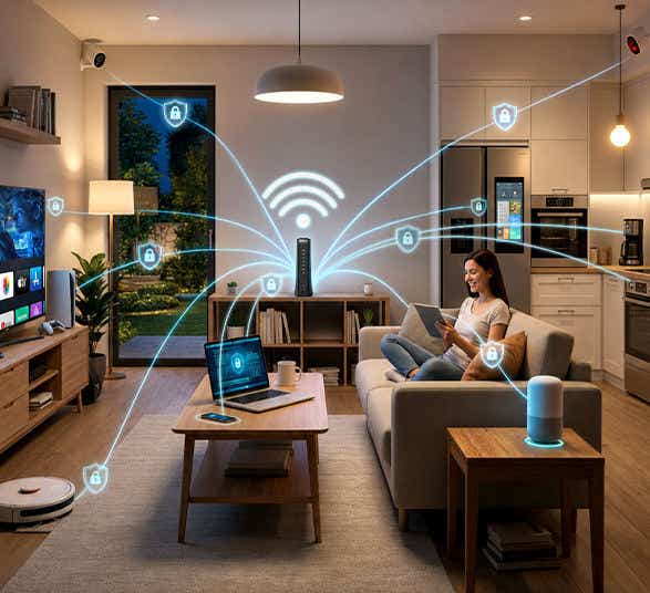 Evening living room with woman on sofa using a tablet, glowing Wi-Fi arcs and padlock icons linking connected devices