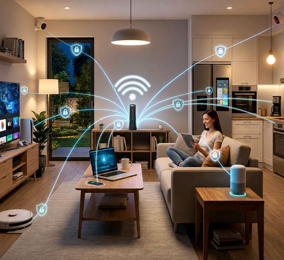 Evening living room with woman on sofa using a tablet, glowing Wi-Fi arcs and padlock icons linking connected devices 