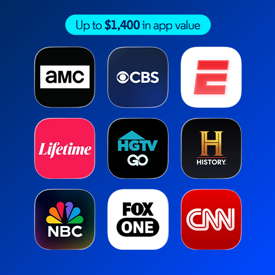 AMC, CBS, ESPN, Lifetime, HGTV GO, History, NBC, FOX ONE and CNN app icons under a cyan $1,400 badge