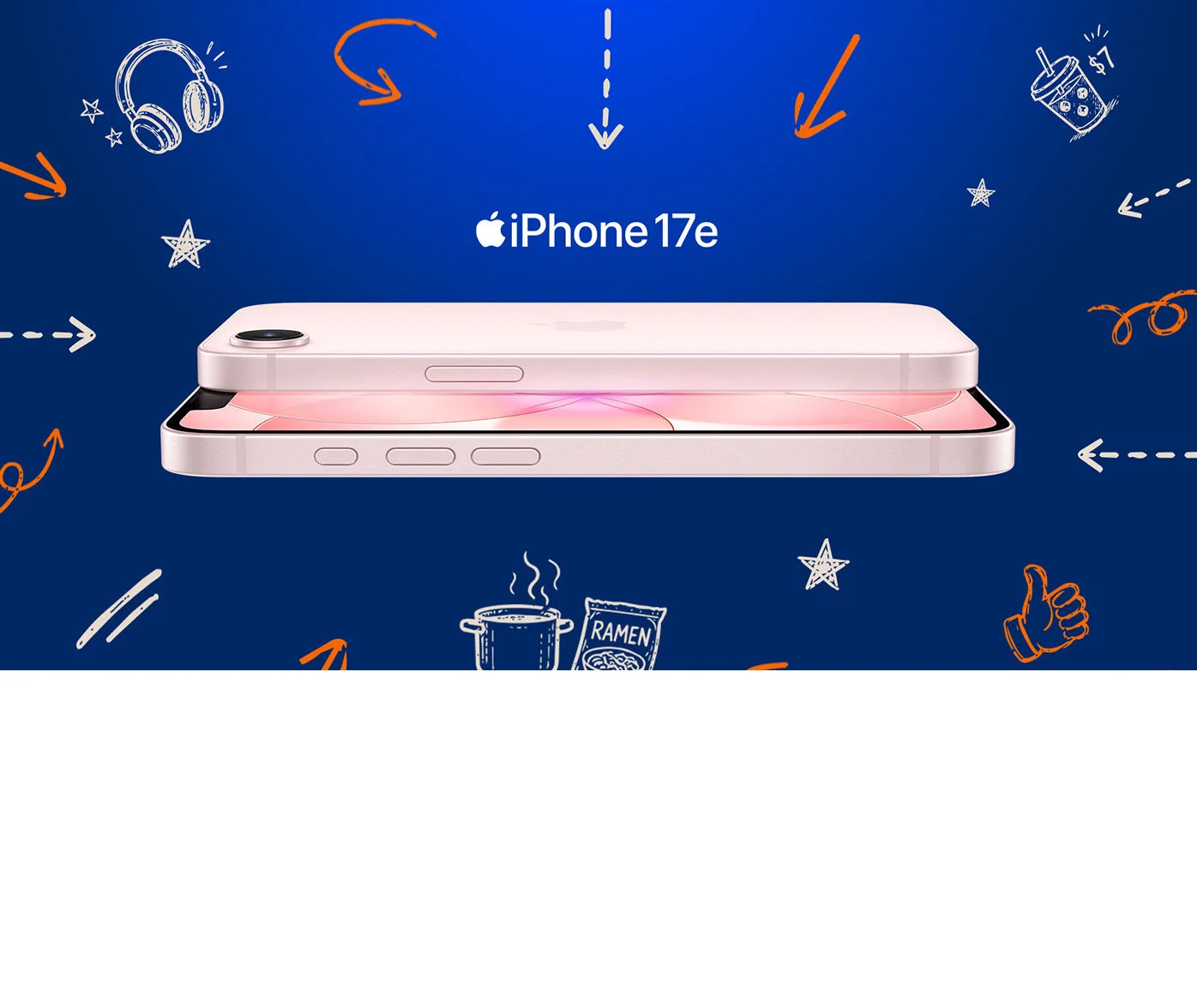 Pink iPhone 17e on navy background with hand-drawn stars and school doodles