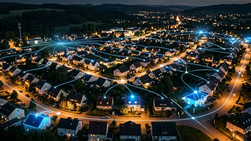 An aerial nighttime view of a suburban neighborhood overlaid with a glowing blue digital network, illustrating Optimum's connected internet grid linking individual homes.