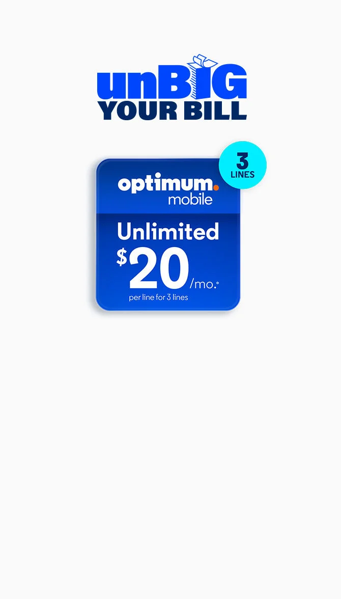 Gráfico promocional de REDUZCA SU FACTURA en texto azul oscuro con un ícono de caja de regalo color verde azulado, que muestra la tarjeta del plan Optimum Mobile con la leyenda "Ilimitado $20/mes" y una insignia de "3 LÍNEAS" en color verde azulado.