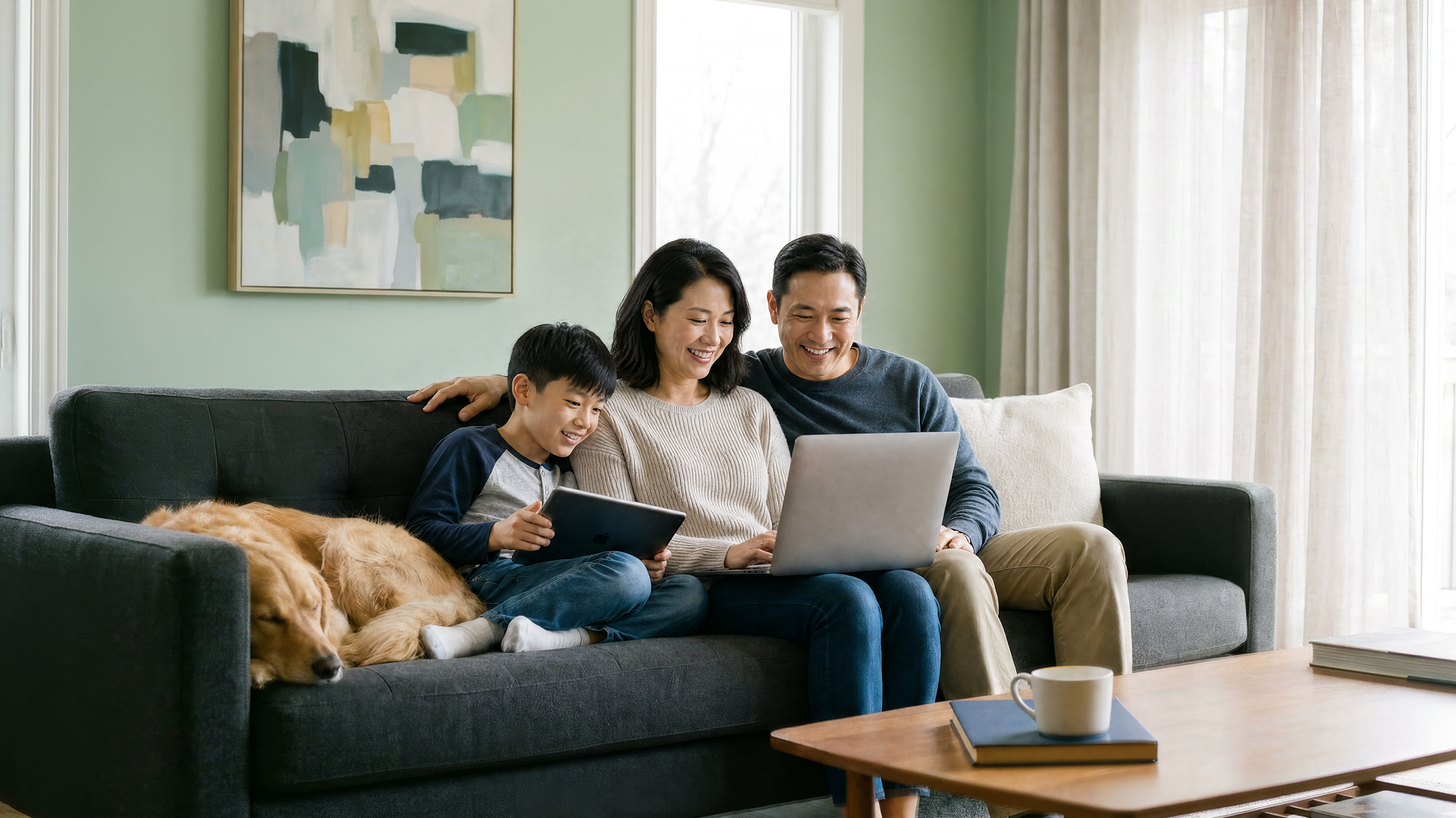 Smiling family sitting together on a living room sofa with their dog, using a laptop and tablet on high-speed home internet.
