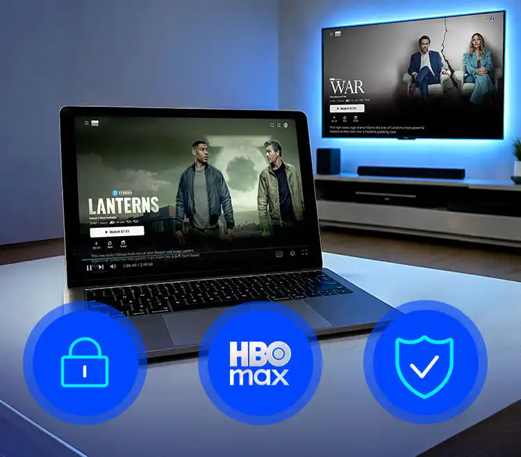 Laptop showing Lanterns on HBO Max and wall TV showing War, with blue padlock, HBO Max and shield icons 