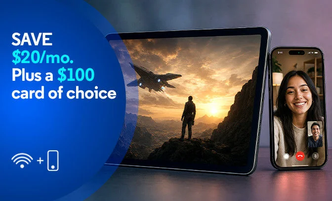 Tablet and smartphone with video call beside blue Save $10 a month plus $100 Gift Card promo with Optimum Visa card