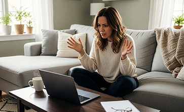 Woman in cream sweater on grey sofa raising hands at open laptop on coffee table