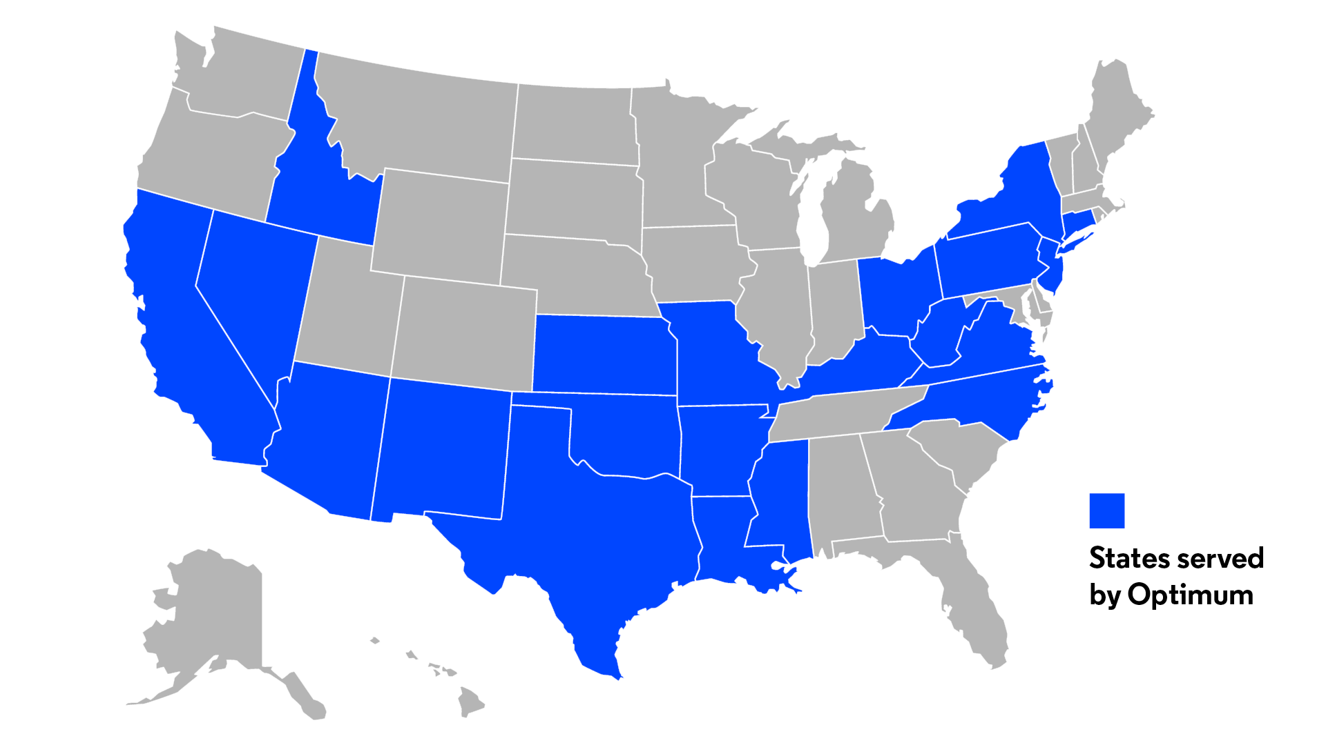 Map of the USA showing states served by Optimum for Internet, Mobile, and TV