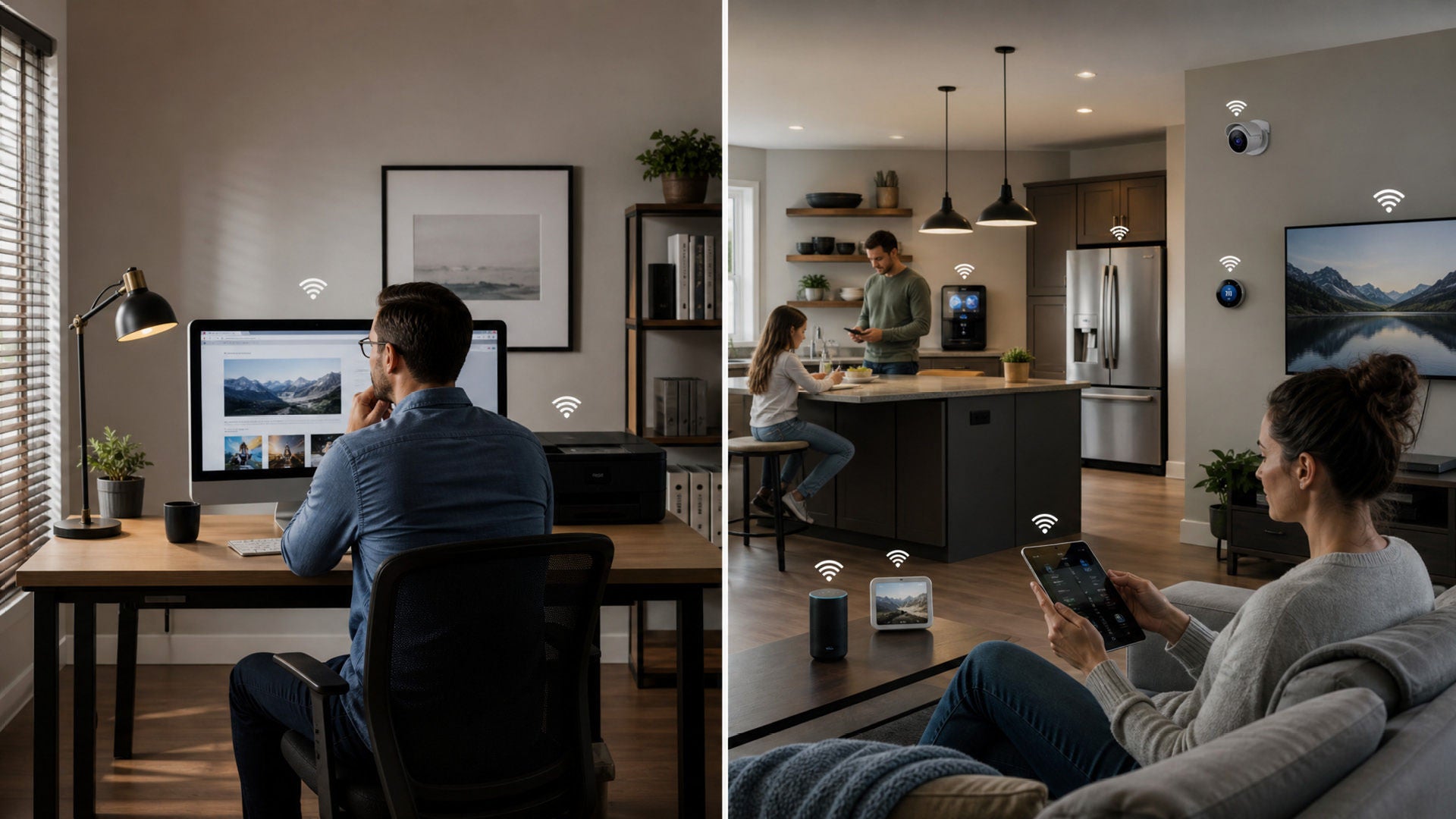 Split image comparing home Wi-Fi use: a man working at a desktop on the left, a family using smart home devices on the right.