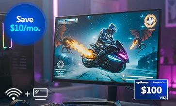 Monitor shows a sci-fi motorcycle game in a purple-lit room; WiFi-plus-TV icon and $100 Visa card 