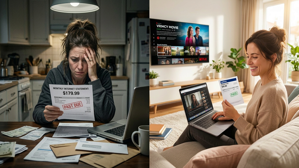 : Stressed woman with a high, past-due internet bill vs. happy woman with a low, paid Optimum statement.