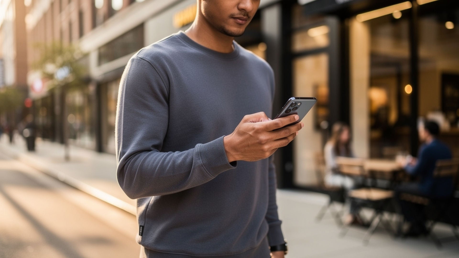 A man in a grey sweatshirt walks along a city sidewalk while using his Android smartphone.