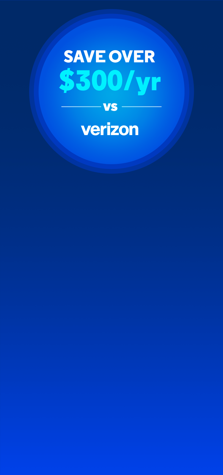 Blue circular badge with cyan "OVER $420/yr SAVINGS VS AT&T" text and AT&T logo