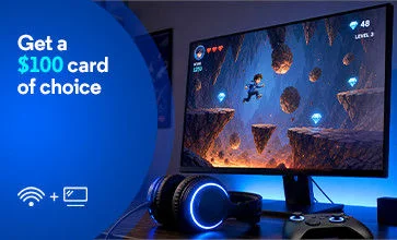 Gaming monitor with platformer game, headphones and controller beside blue Get a $100 Gift Card promo with Visa card