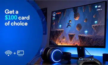 Gaming monitor with platformer game, headphones and controller beside blue Get a $100 Gift Card promo with Visa card 