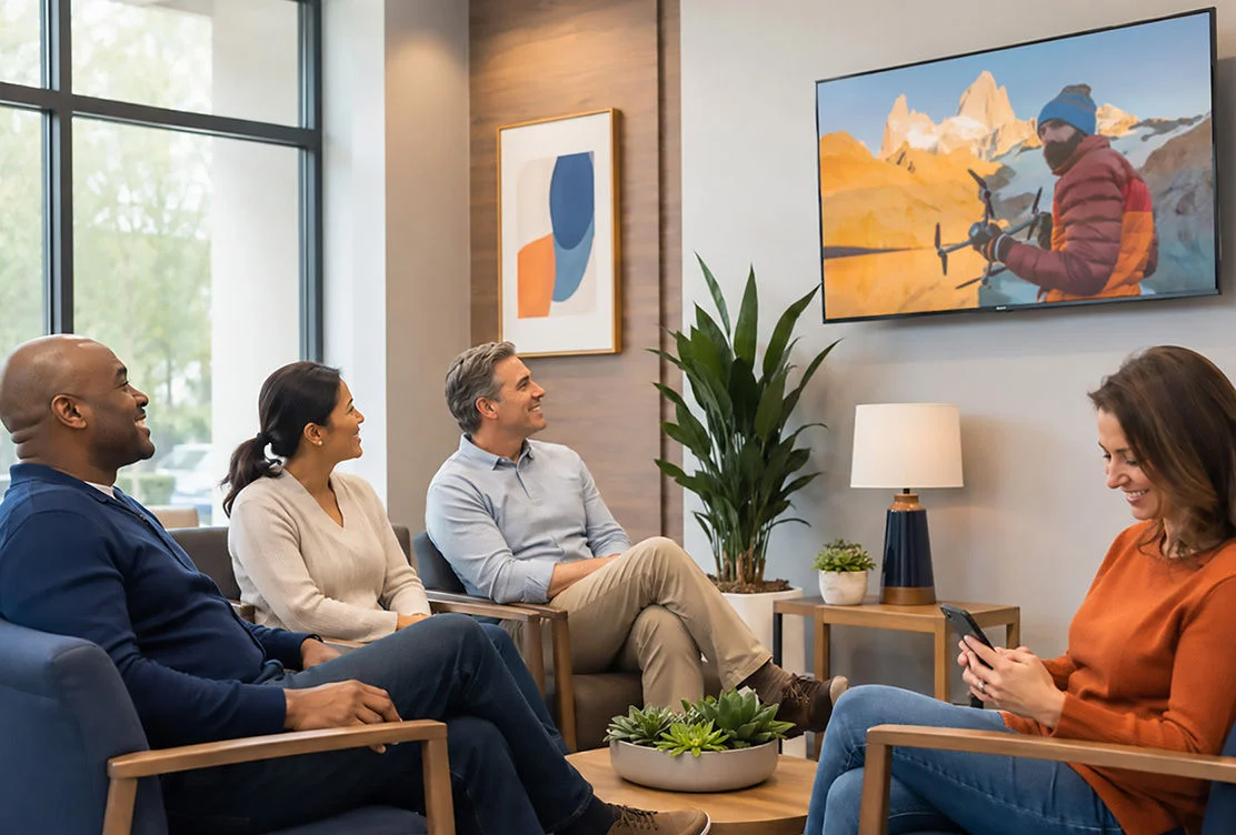 Customers relaxing in a waiting area streaming Optimum Business TV on a lobby screen 