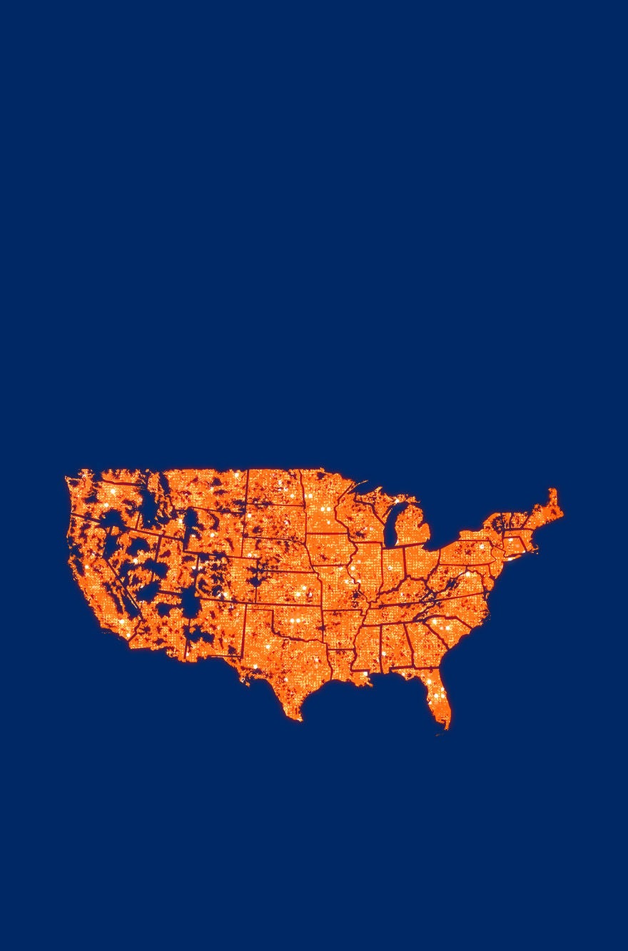 US coverage map showing 5G network availability highlighted in orange across continental United States