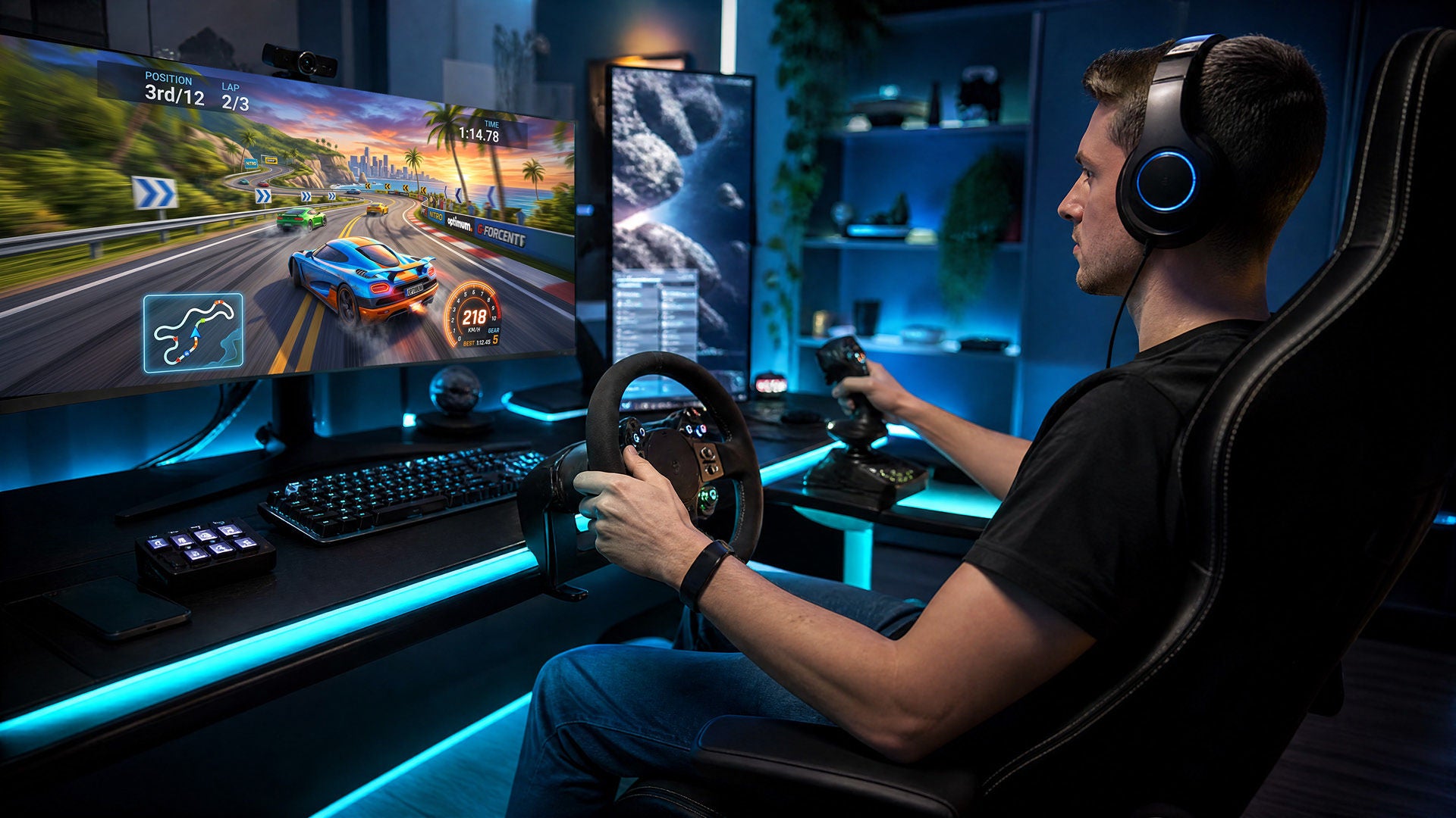 Person wearing a gaming headset uses a racing wheel controller at a dual-monitor gaming setup, playing a high-speed racing game in a blue-lit room.