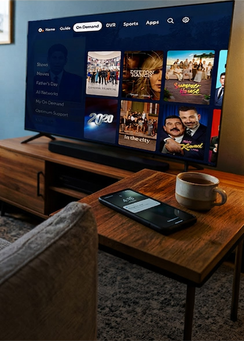 Un televisor de pantalla plana muestra el menú de streaming de Optimum en una consola; imagen de una tarjeta azul Visa de $200 junto a una taza y un teléfono