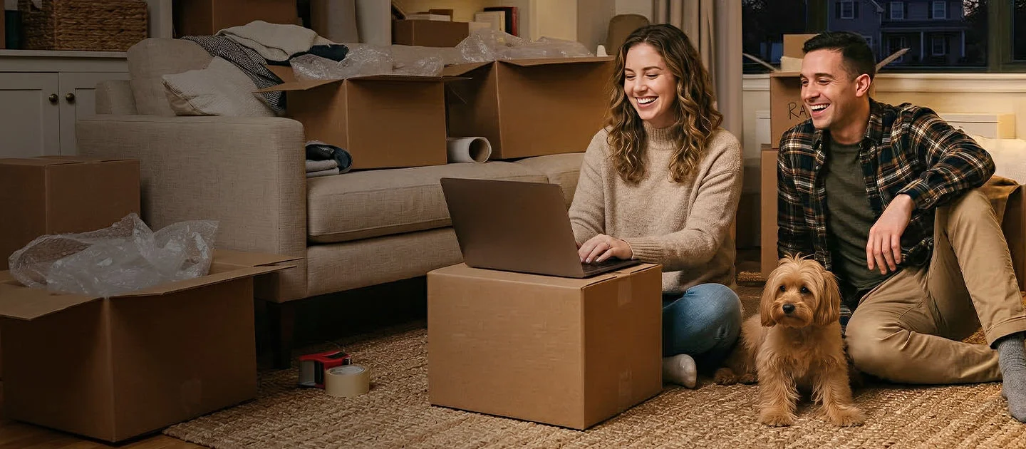 Couple with dog surrounded by moving boxes in new home transferring Optimum Fiber Internet