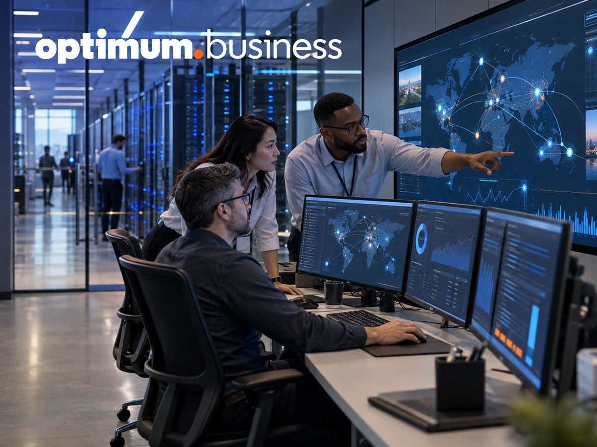 IT team monitoring enterprise network performance on multiple screens in a network operations center