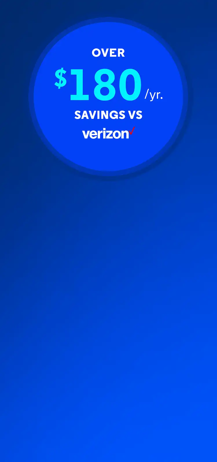 Círculo azul brillante con el texto "Ahorro de más de $240 al año frente a..." encima del logotipo de Verizon logo con una marca de verificación roja