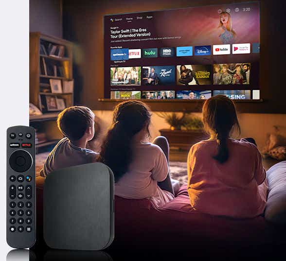 Dispositivo de Optimum Stream en un soporte para televisión con las aplicaciones de HBO Max y Disney+ en la pantalla