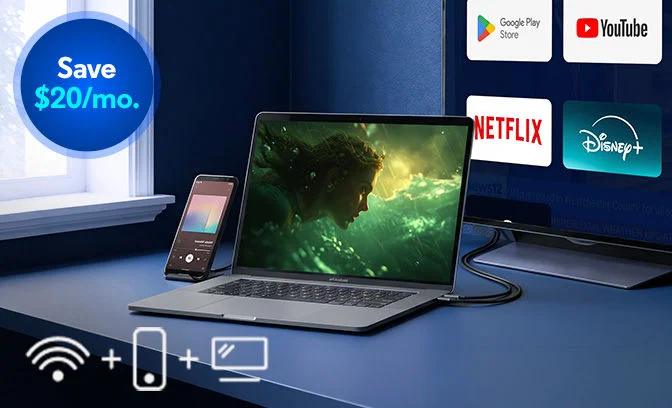 Family in living room using upgraded Optimum Fiber Internet TV and Mobile together