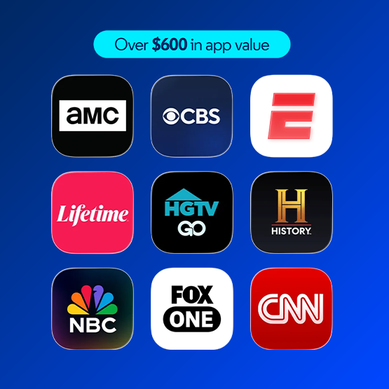 AMC, CBS, ESPN, Lifetime, HGTV GO, History, NBC, FOX ONE and CNN app icons under a cyan $600 badge 