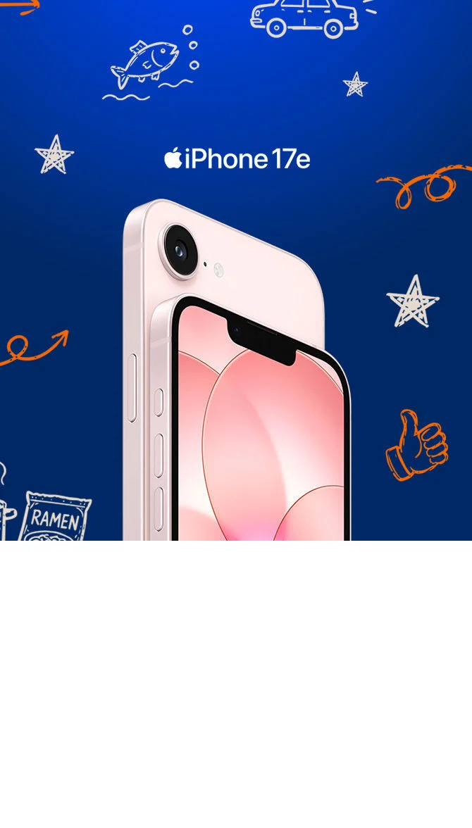 Pink iPhone 17e on navy background with hand-drawn stars and school doodles