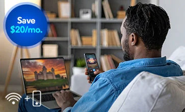 Woman using Optimum Mobile phone paired with upgraded home Fiber Internet