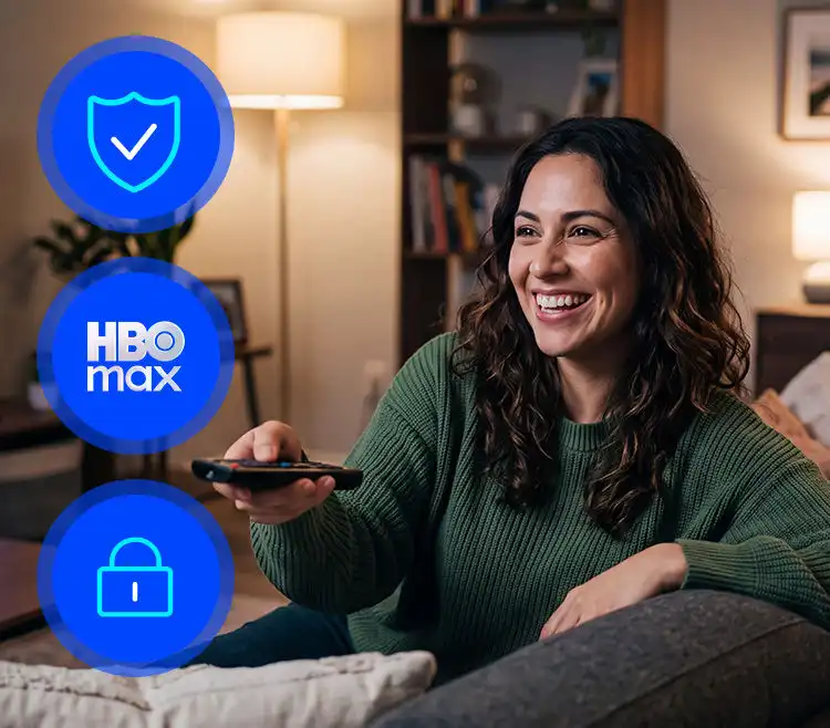 Smiling woman in green sweater pointing a TV remote, beside blue shield, HBO Max and padlock icons 